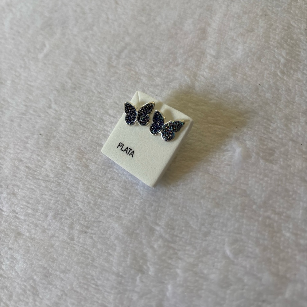 Sparkling Dark Blue Butterfly Silver Earrings